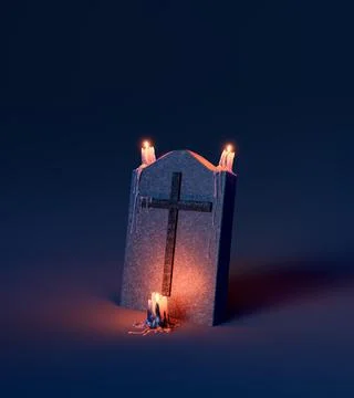 Tombstone with burning candles on a dark background Stock Illustration