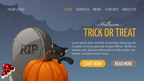 Tombstone with text RIP, fly agaric, cute black cat is behind a pumpkin. Stock Illustration