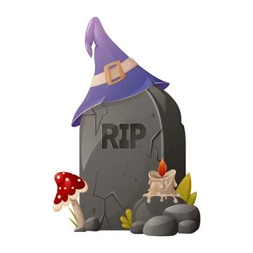 A tombstone with the text RIP, sorcery hat, a fly agaric and candle Stock Illustration