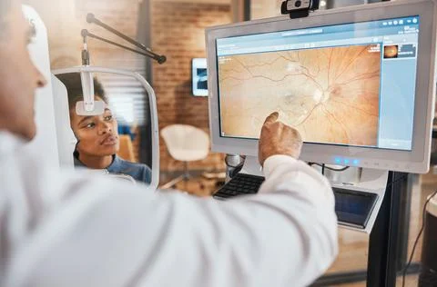 Tomography, medical and ophthalmology with eye exam and doctor for vision Stock Photos