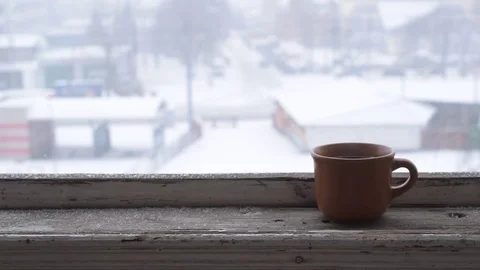 Tomtit alights on a light brown cup on old wooden window sill Stock Footage 70410643