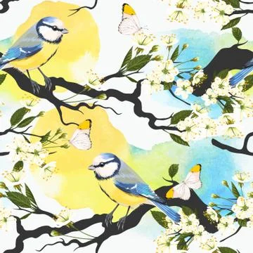 Tomtit on cherry branch seamless Stock Illustration