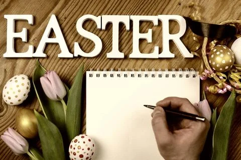 Toned background easter tulips and eggs various vintage elements on old wo... Stock Photos