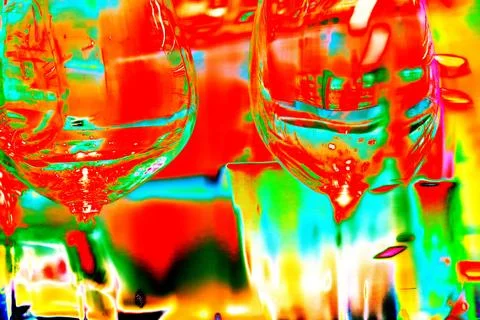 Toned photo of empty glass goblets through crooked glass, glare of light, cha Stock Illustration