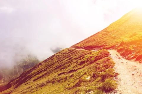 Toned serpentine path going down in the Carpatian mountains and a big fog clo Stock Photos