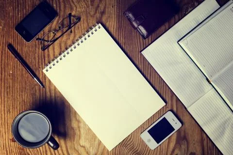 Toned table write hand top view Foto stock