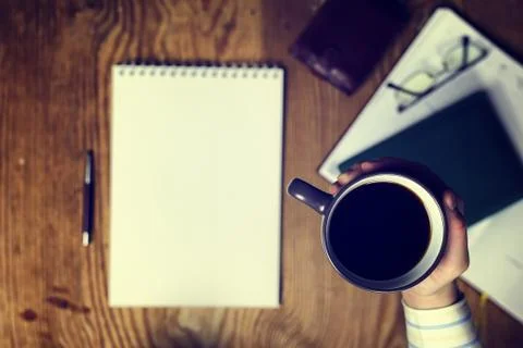 Toned table write hand top view Foto stock