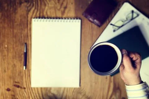 Toned table write hand top view stationery workplace office employee with ... Foto stock