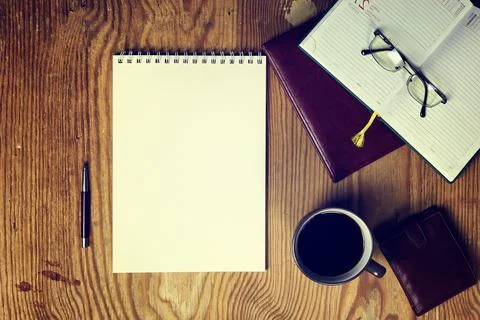 Toned table write hand top view Foto stock