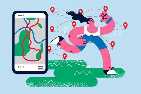 Toned woman run using application on mobile phone Stock Illustration