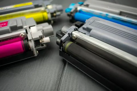 Toner rollers of a laser printer in the foreground Stock Photos