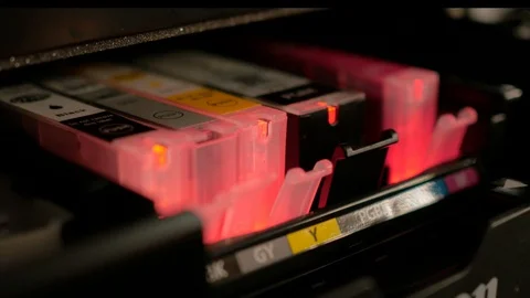 Toners in the printer inserting new cartridge 스톡 동영상 128583412