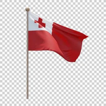Tonga 3d illustration flag on pole. Wood flagpole Stock Illustration