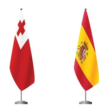 Tonga and Spain flags on flagpoles for official ceremonies and meetings Stock Illustration