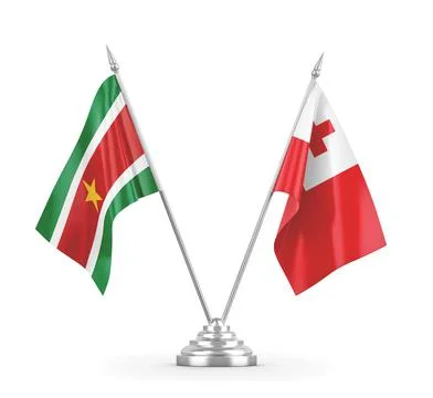 Tonga and Suriname table flags isolated on white 3D rendering Stock Illustration