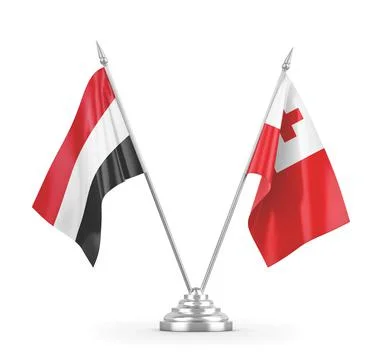 Tonga and Yemen table flags isolated on white 3D rendering Stock Illustration