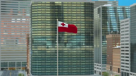 Tonga Flag 3D Render Animation on Pole with Modern Business District Buildin Video stock 332877749