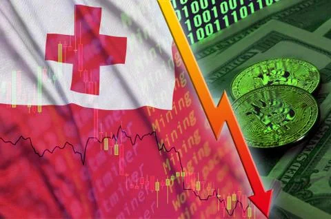 Tonga flag and cryptocurrency falling trend with two bitcoins on dollar bills Foto stock
