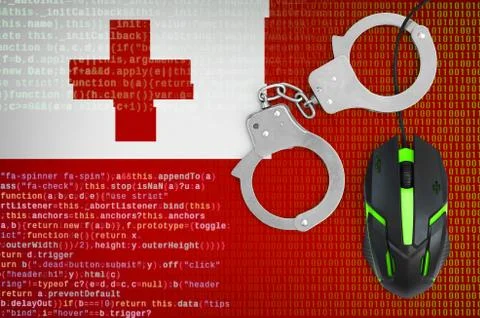 Tonga flag  and handcuffed computer mouse. Combating computer crime, hackers  Stock-Fotos