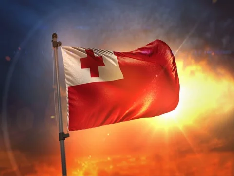 Tonga Flag Backlit At Beautiful Sunrise Loop Slow Motion 4K Stock Footage 76883029