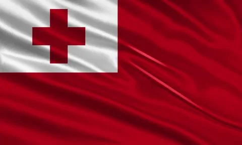 Tonga flag design. Waving Tonga flag made of satin or silk fabric. Stock Illustration