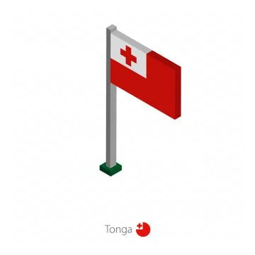 Tonga Flag on Flagpole in Isometric dimension. Stock Illustration