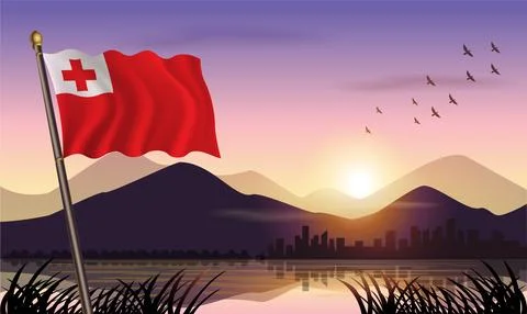 Tonga flag flying against a beautiful sunrise sky Stock Illustration
