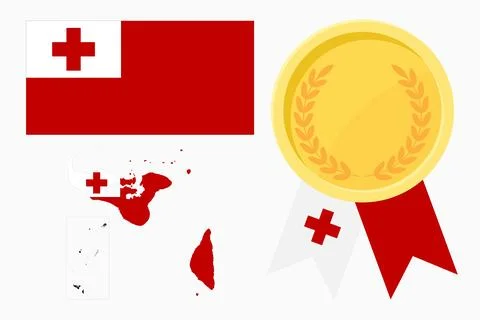 Tonga flag with map and gold medal in set for web and banners or app and game Stock Illustration