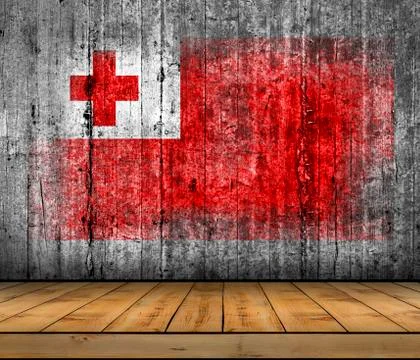 Tonga flag painted on background texture gray concrete with wooden floor Foto stock