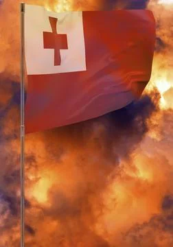 Tonga flag on pole with sky background Stock Illustration