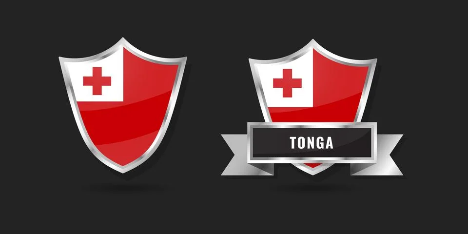 Tonga Flag Shield Emblem and Silver Ribbon Banner Vector Icon Set Illustrazione stock