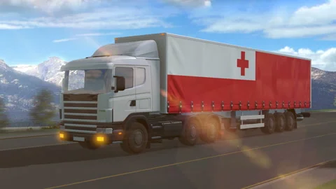 Tonga flag shown on the side of a large truck Stock Footage 122106433