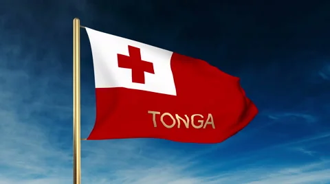 Tonga flag slider style with title. Waving in the wind with cloud background Stock-Footage 48599012