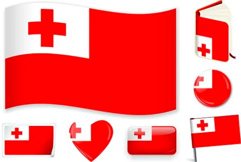 Tonga flag wave, book, circle, pin, button, heart and sticker. Stock Illustration