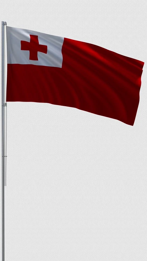 Tonga flag waving on metal flagpole vertical video transparent background 3D Stock Footage 335931713