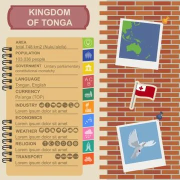 Tonga  infographics, statistical data, sights. Dove with olive branch Stock Illustration