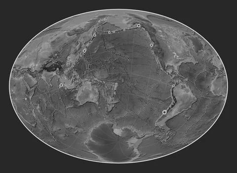 Tonga tectonic plate. Grayscale. Fahey Oblique. Earthquakes and boundaries Stock Illustration