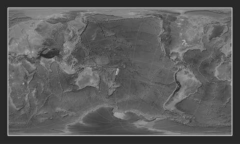 Tonga tectonic plate. Grayscale. Patterson Cylindrical Oblique. Boundaries Stock Illustration