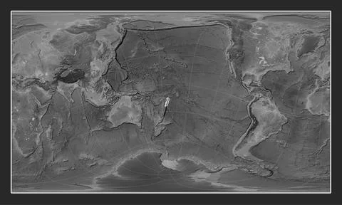 Tonga tectonic plate. Grayscale. Patterson Cylindrical Oblique. Stock Illustration