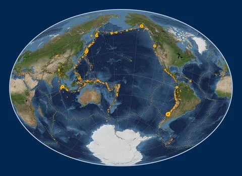 Tonga tectonic plate. Satellite. Fahey Oblique. Earthquakes and boundaries Stock Illustration