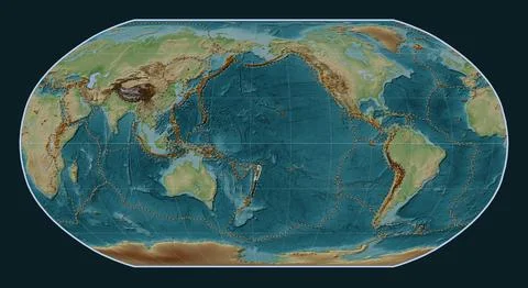 Tonga tectonic plate. Wiki. Robinson. Volcanoes and boundaries Stock Illustration