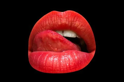 Tongue and sexy female lips, sensual women's open mouths, isolated background Stock Photos