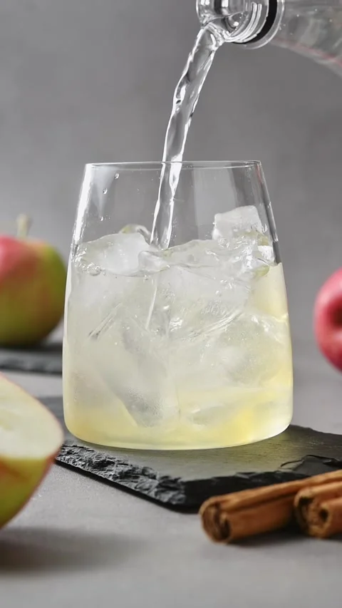 Tonic water pours over apple cider and ice during preparation of apple cider Stock Footage 345557012