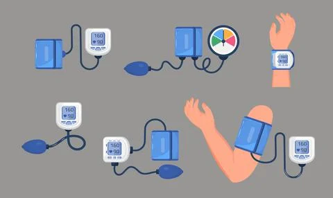 Tonometer vector set. Blood pressure measurement, sphygmomanometer illustrati 스톡 일러스트
