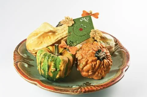 Tonschale mit Herbstdekoration Stock Photos