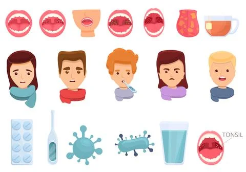 Tonsillitis icons set, cartoon style Stock Illustration