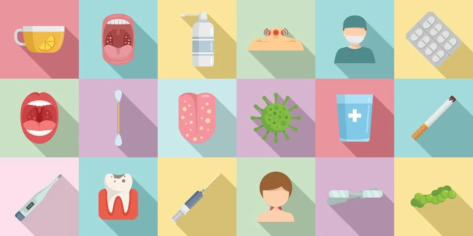 Tonsillitis icons set flat . Tonsil anatomy Stock Illustration
