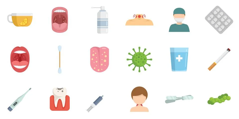 Tonsillitis icons set flat vector. Tonsil anatomy Stock Illustration