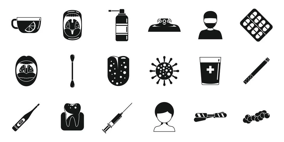 Tonsillitis icons set simple . Tonsil anatomy Stock Illustration
