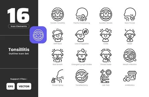 Tonsillitis Symptoms Icon Set Collection - Outline Line Art Style. Containi.. Stock Illustration